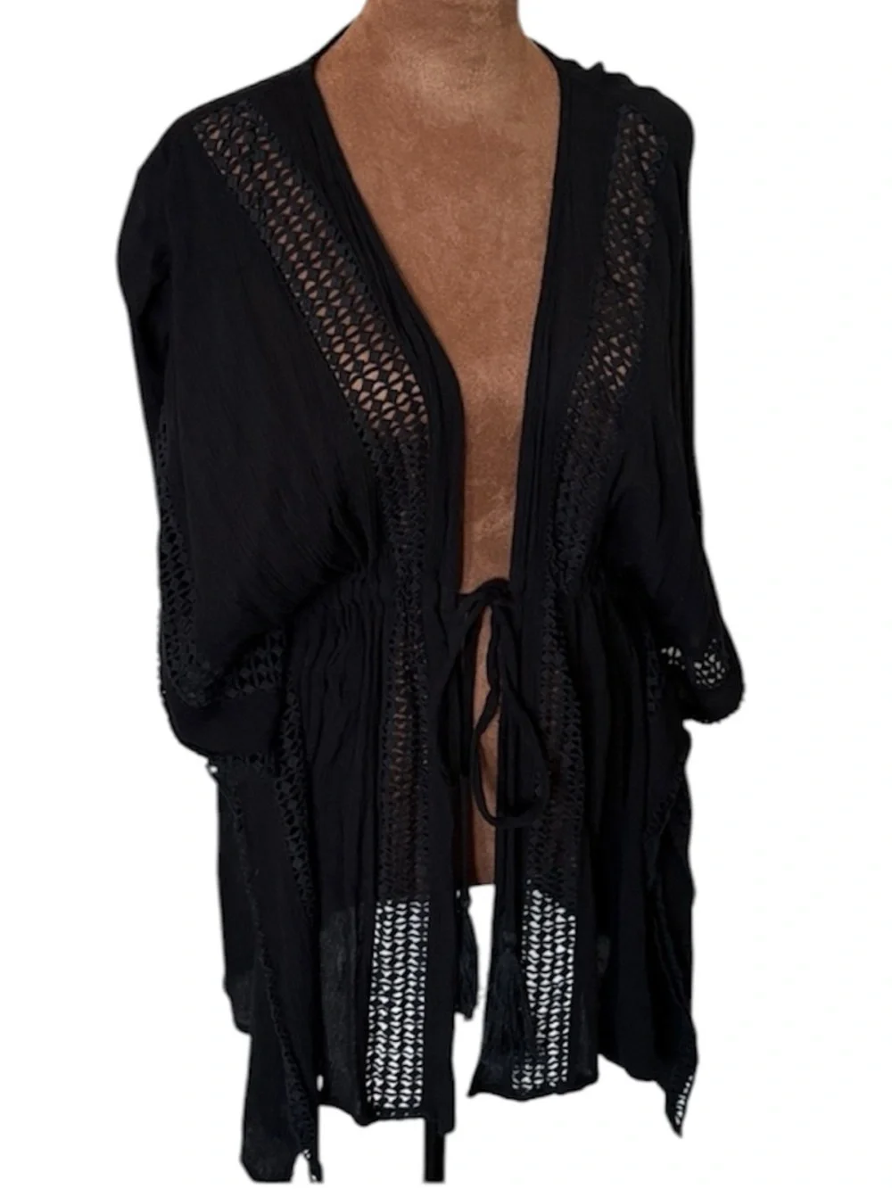Elan Black Crochet Trim Beach Cover Up Kimono Boho Flowy Tunic Tassel Tie Small